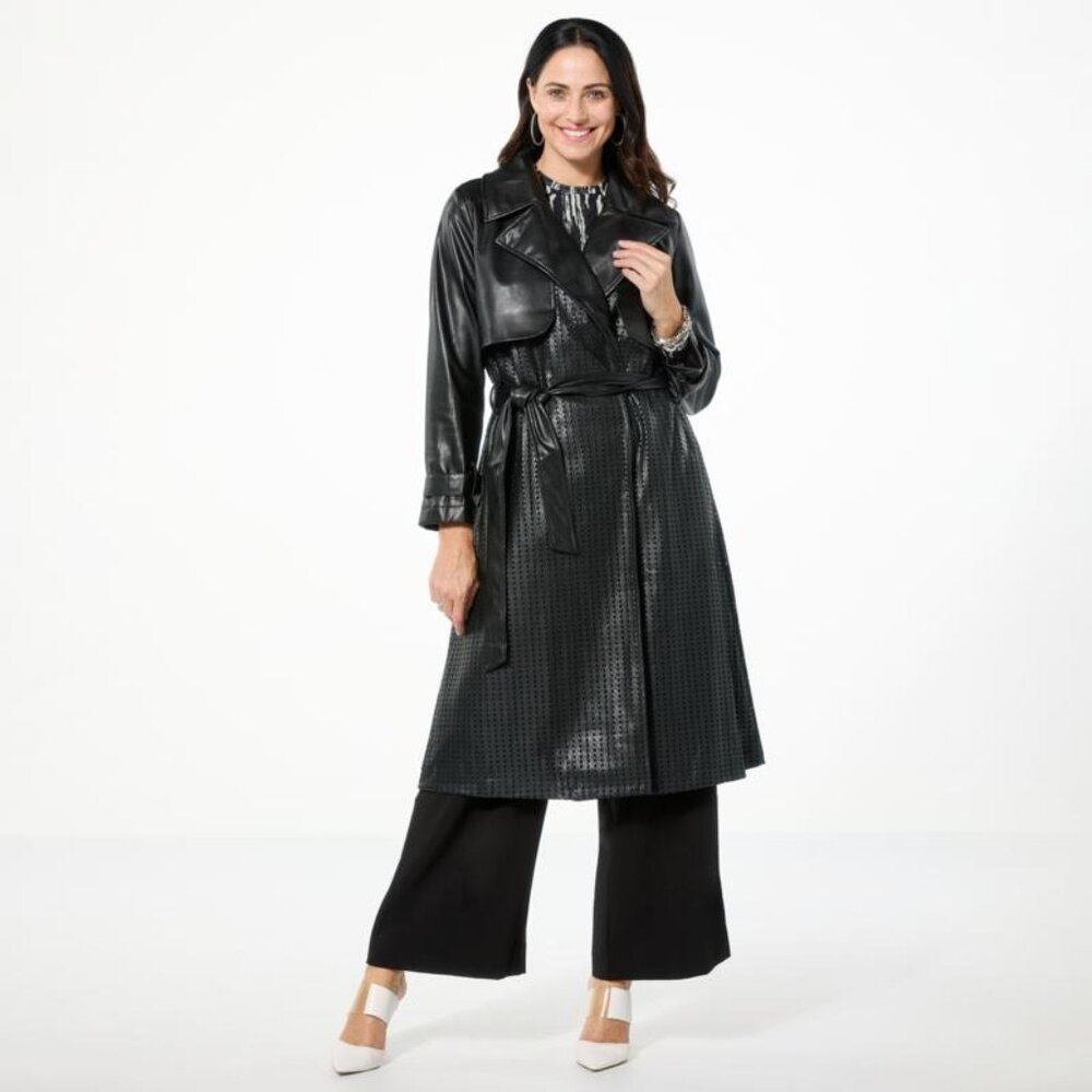 GREY Jhoan Sebastian Grey Perforated Faux Leather Trench Coat Size Medium Black